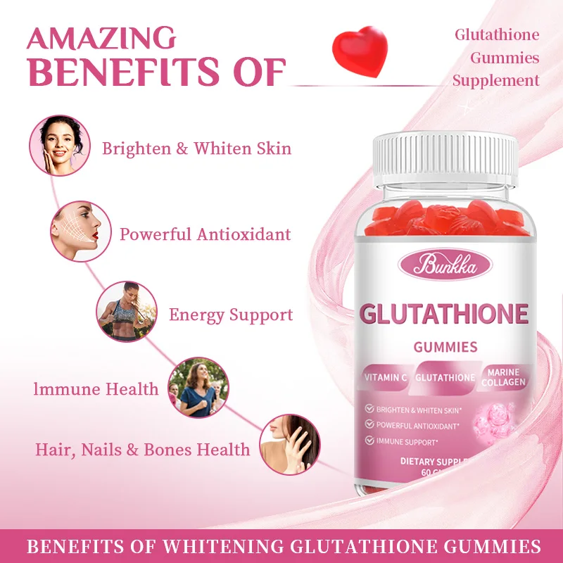 Glutationa Anti-Aging Gummies, Whitening Gummies, Skin Glow, Vitaminas Gummies, Beleza, Suplemento de Saúde, Original, 60Pcs por Garrafa