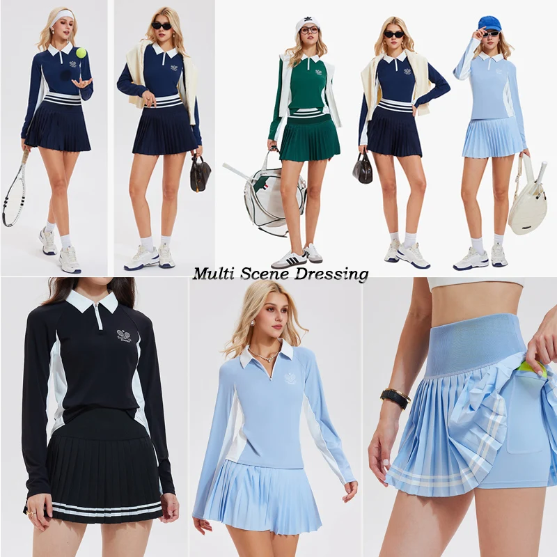 VITALINOVO المرأة 2 قطعة فستان التنس عالية الخصر مطوي تنورة Skorts سستة اللون كتلة جولف قمصان بولو Pickleball رياضي #6