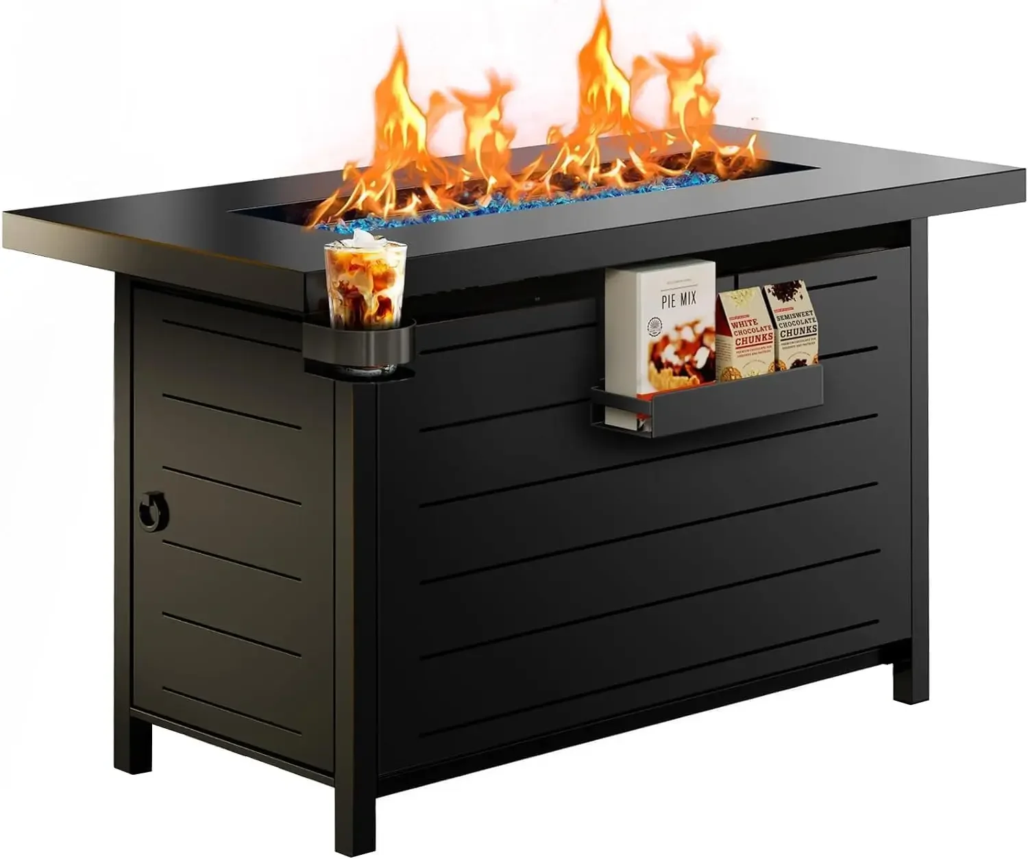 43″ Propane Fire Pit Table with Glass Beads & Lid, CSA-Certified Gas Fire Pit with Cup Holders, Hanging Shelf & Nylon Cover