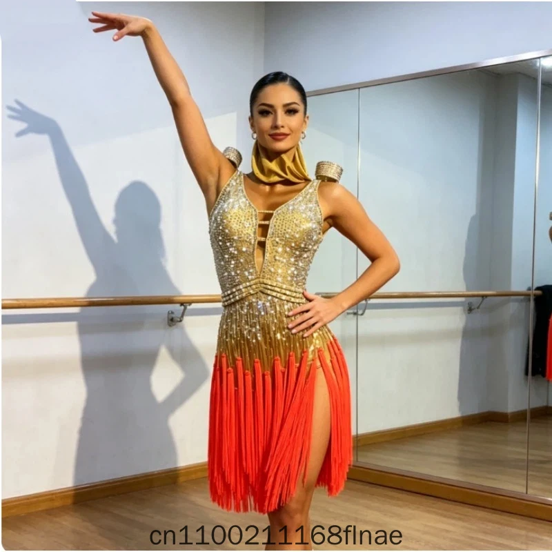 New Pink Latin Dance Competition Schedule Performance Costume Professional Dance Dress Art Exam Flower Dress