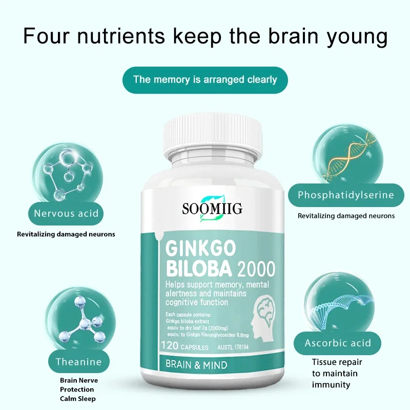 Soomiig Ginkgo Leaf Capsules - Brain Booster, Improve Memory, Concentration, Promote Blood Circulation in The Brain, Anti-aging