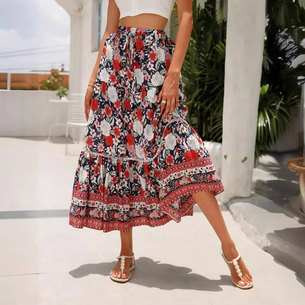 

Casual Fashion Floral Skirt High Waist Loose Print Stitching Long Skirts for Women Bohemian Commuting Beach Style Holiday Skirt