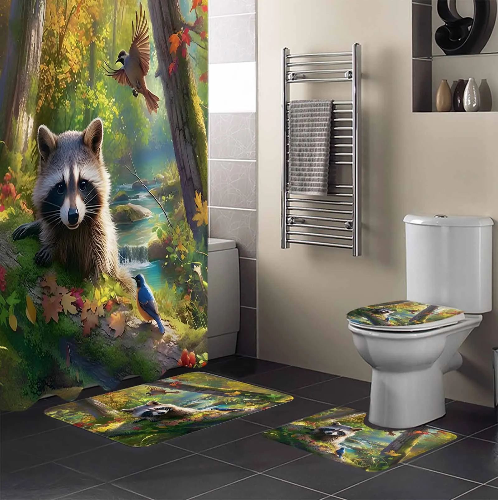 Bird Forest Stream Raccoon Shower Curtain Set Non-Slip Rugs Bath Mat Toilet Lid Cover Waterproof Bathroom Curtain