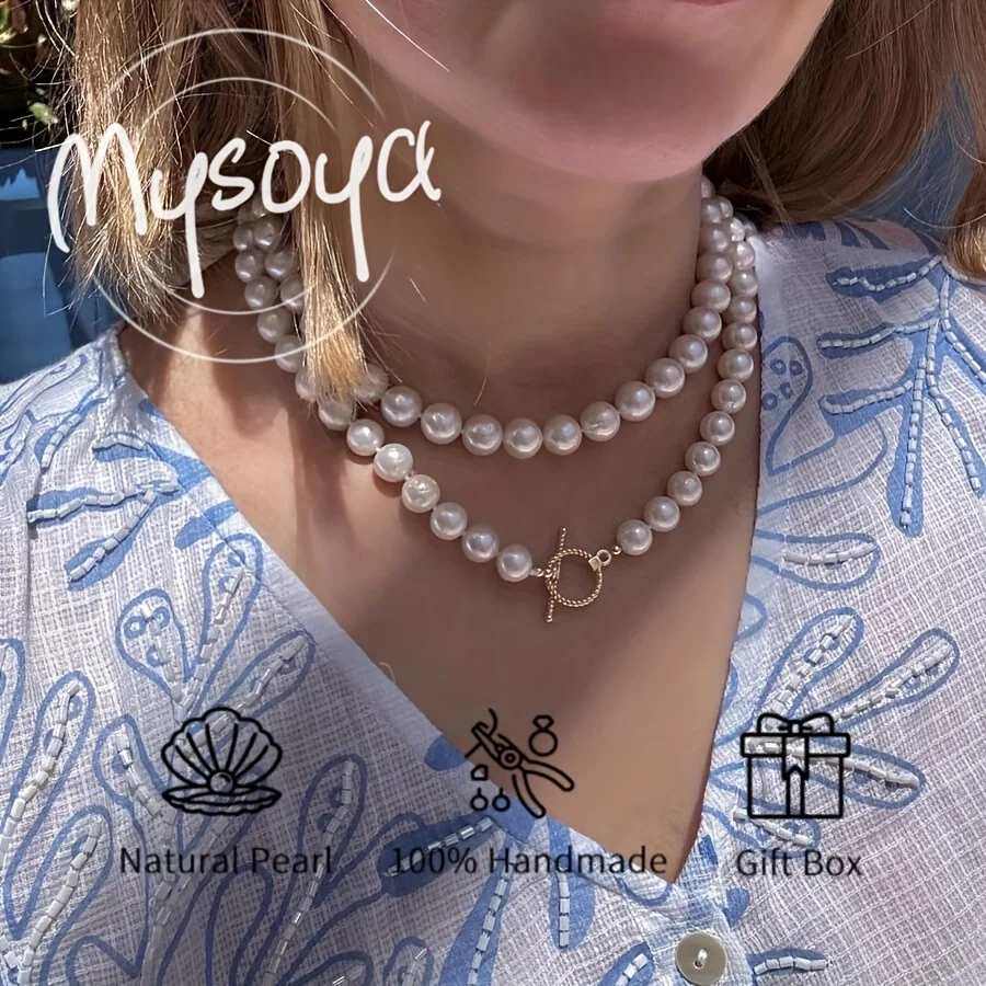 

Длинное ожерелье Mysoya из белого пресноводного жемчуга 8-9 мм, подарочная коробка, подарок для него/нее на День рождения, свадьбу, День святого Валентина