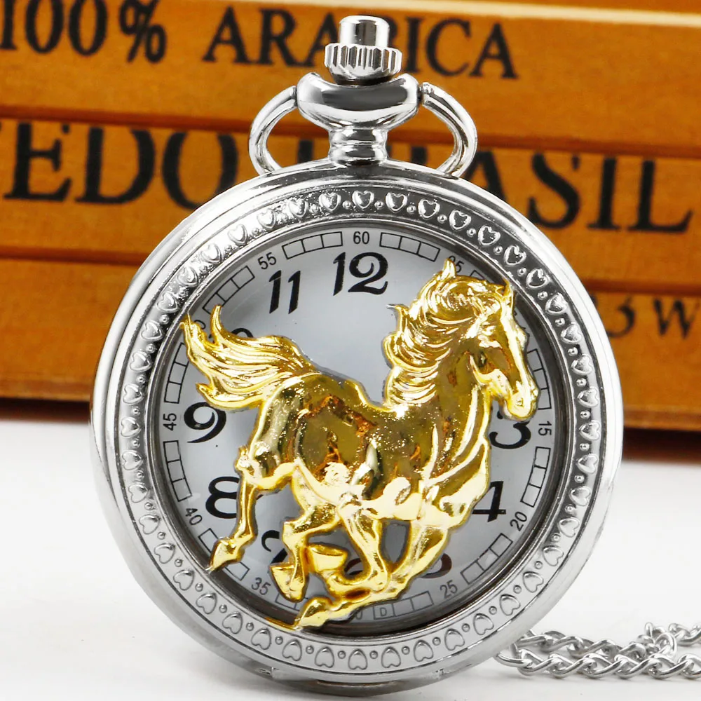 

Luxury Silver Golden Crashing Horse Chinese Zodiac Quartz Necklace Pocket Watch Vintage Pendant Clock for Men Women