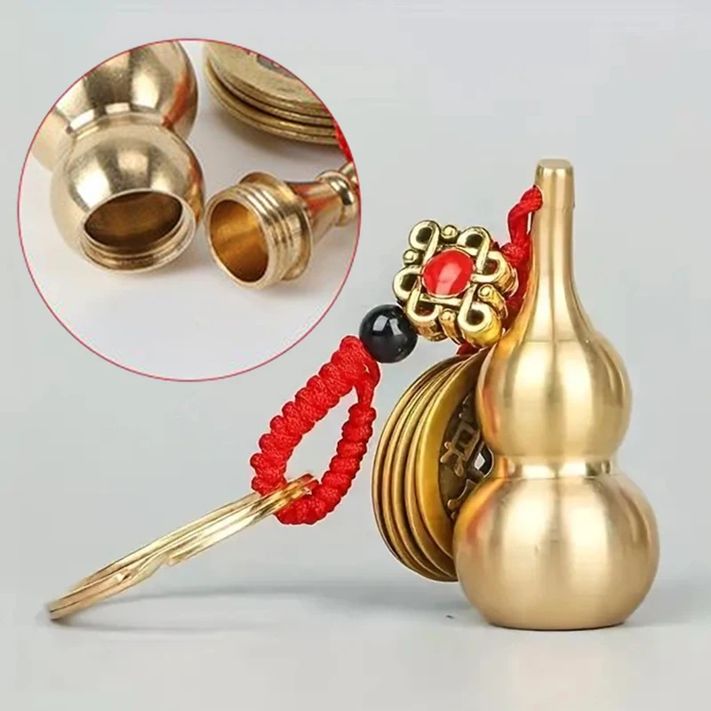 1PC Large Copper Gourd Key Chain With Chinese Feng Shui Coins For Good Luck Fortune Bag Car Key Ornament Keyring