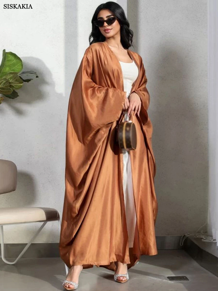 Siskakia Dubai Solid Open Abaya For Muslim Woman Batwing Sleeve Moroccan Saudi Cardigan Elegant Casual Loose Kaftan Fashion Robe