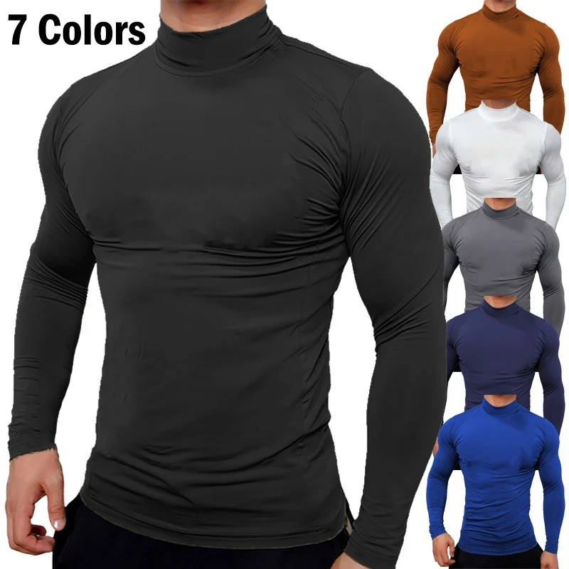 New Fashion Base Tee Shirt Men Slim Fit Knit High Neck Pullover Turtleneck Sweater Tops Shirt