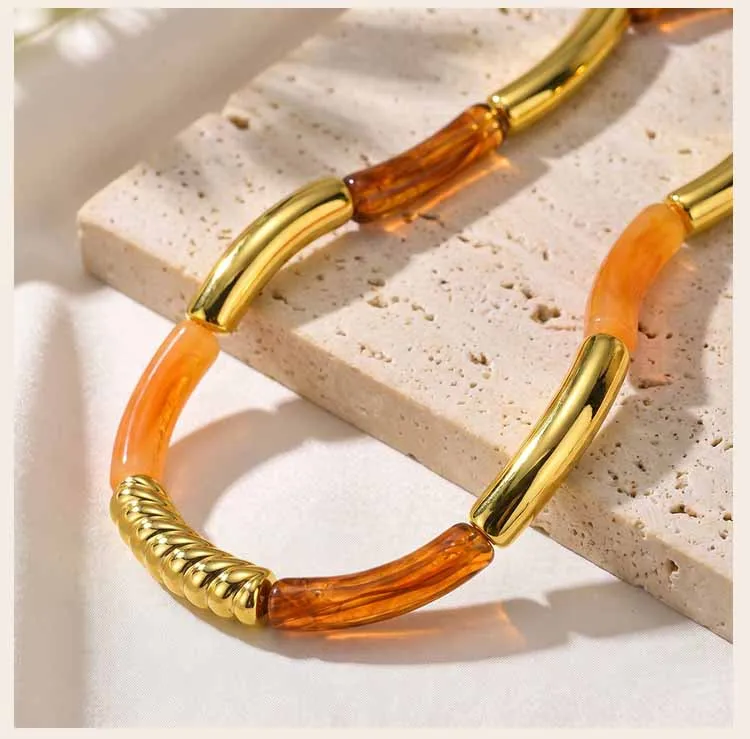 Chunky Harz-Perlenkette für Damen, 18K vergoldete Edelstahl-Röhrenperlen Statement Choker Halskette Vintage Schmuck Geschenk – Detail 7