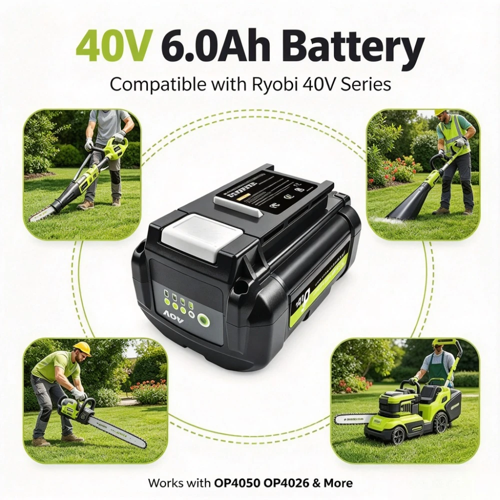 6.0Ah Li-Ion Rechargeable Battery for Ryobi 40V Cordless Tools, OP4050 OP4026 OP40401, Fits RY40200 RY40502