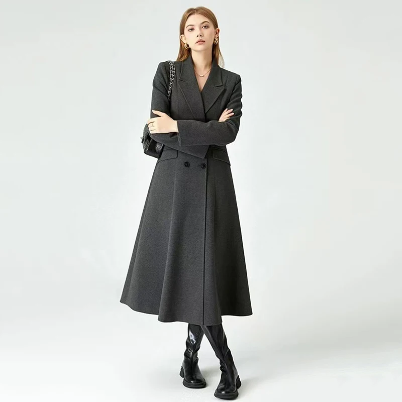 Black Faux Woolen Coats Women Winter Elegant Hepburn Style Suit Collar Long Jacket Fashion Waist Thicke Warm Blends Outwear