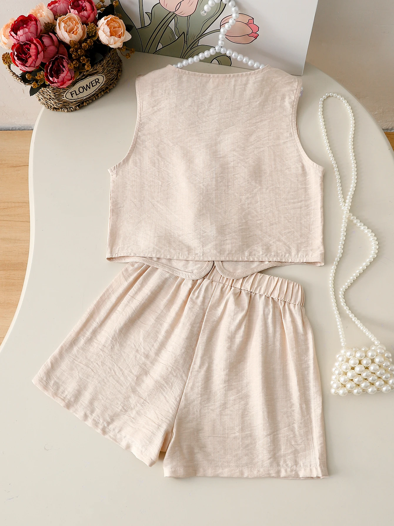 Girls Summer Cotton Linen Sleeveless Button-Up Vest Shorts Two-Piece Set Children's Traditional Wear Casual Outfit for Girls