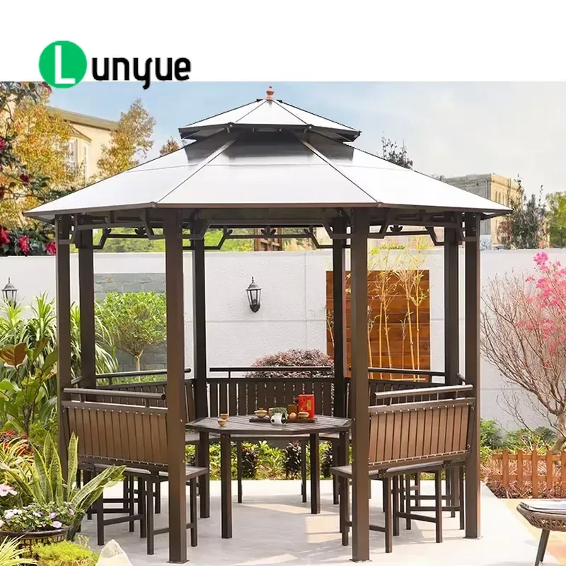 3.5x3.5m Hexagonal Iron Garden Gazebo Powder Coated Frame Outdoor Furniture Prefabricated Patio Canopy for Backyard Lawn