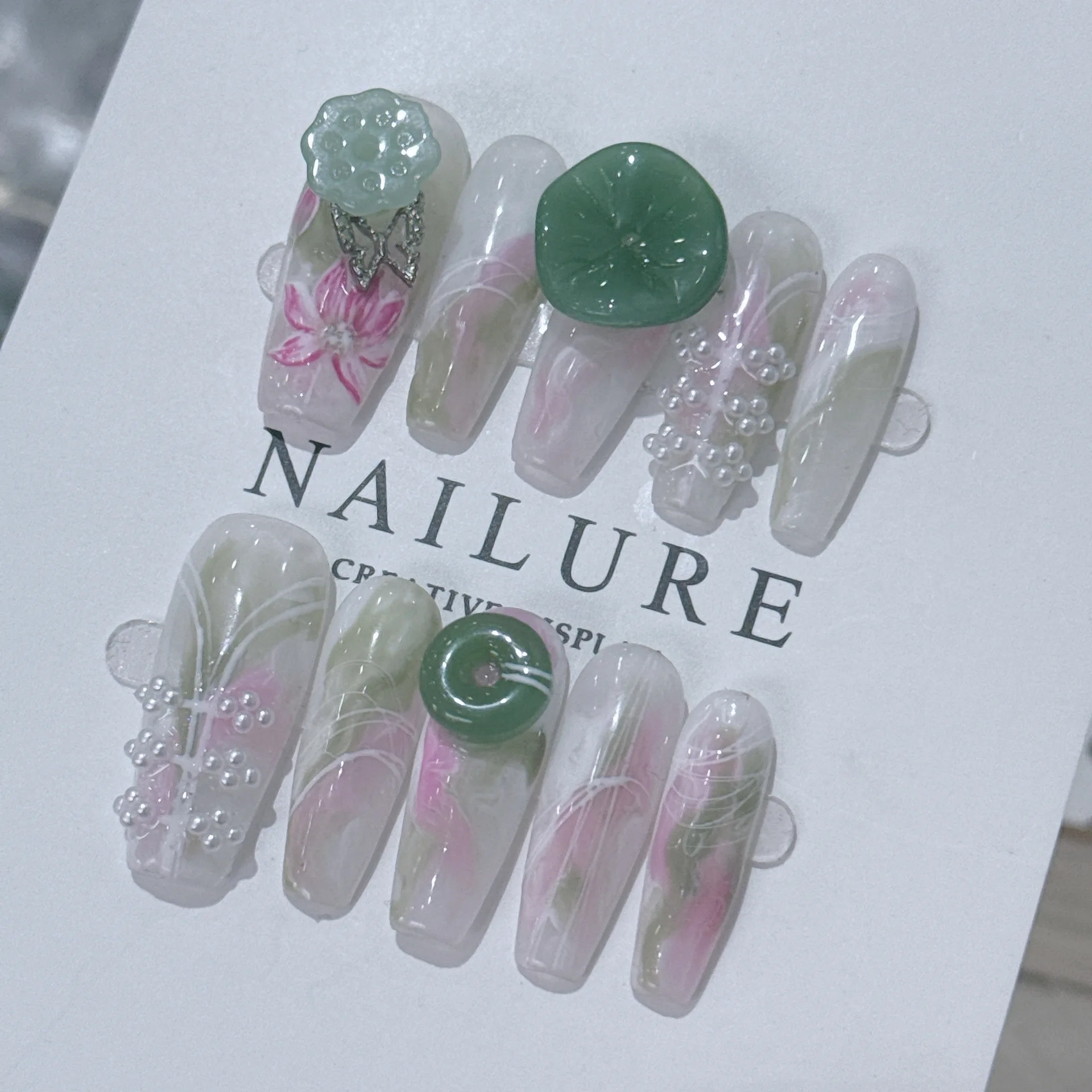 10pcs Handmade Press on Nails 3D Lotus Leaf Design Fake Nails Summer Wearable Gradient Pearl Decor Ballet Coffin False Nails