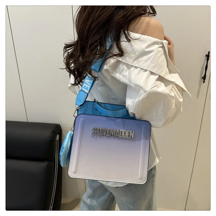 Steve Madden women's gradient shoulder bag, rhinestone logo top handle shoulder bag, wide printed shoulder bag