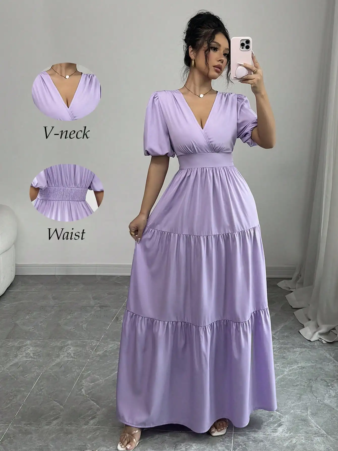 ชุดเดรสแม็กซี่แขนพองคอวีสีม่วงพร้อมเอวจับจีบ ชุดลำลองสำหรับวันหยุดฤดูร้อน