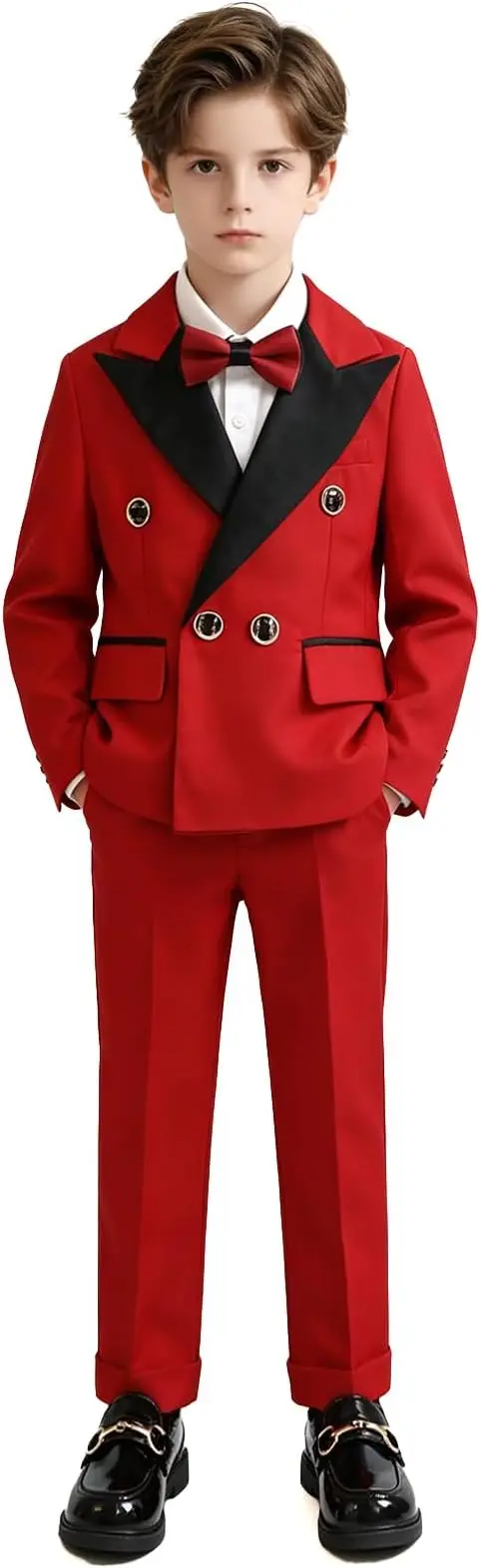 Boys Red Tuxedo Suit Set 4 Pieces Toddler Suits Slim Fit for Teen Formal Dress Clothes Peaked Lapel Kids Wedding Outfit