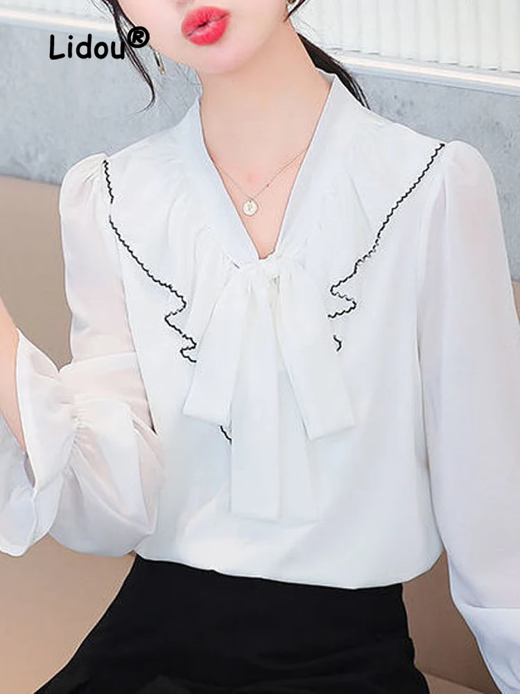 Elegance Solid Color Ruffles Butterfly Knot Lacing White Blouse Women New Classic Long Sleeve V-neck Fashion All-match Top 2022