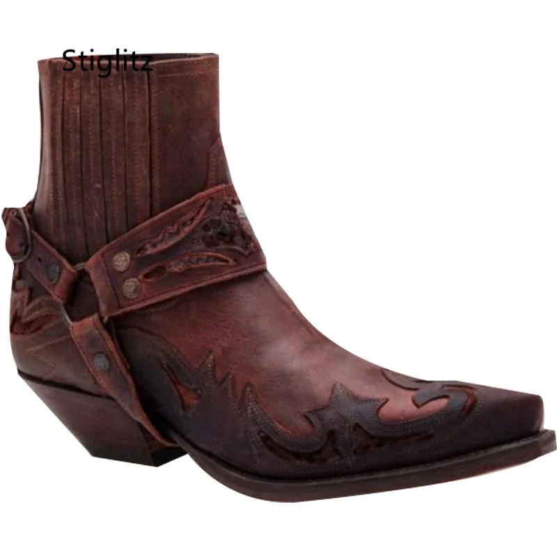 Retro Western Cowboy Boots for Men Brown Ankle Boots Men\'s Spring and Autumn Circle Buckle Riding Motorcycle Boots Male Shoes