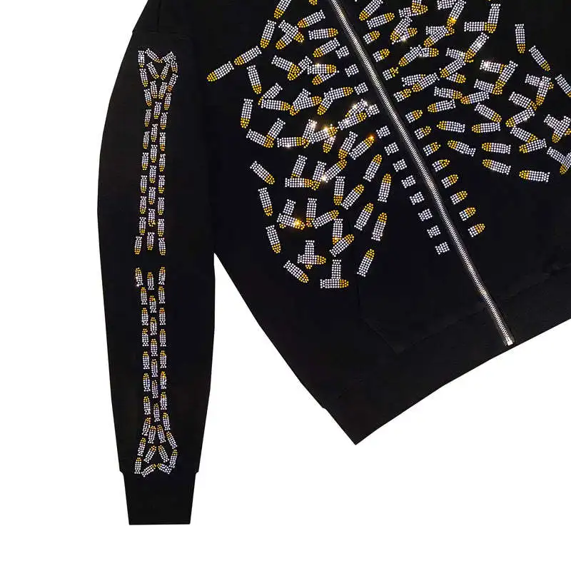 Y2K Skeleton Rhinestone oodies Women Gothic Hoodie Zip Up Casual Sweatshirts Punk Retro Harajuku Hooded Woman Jacket Streetwear