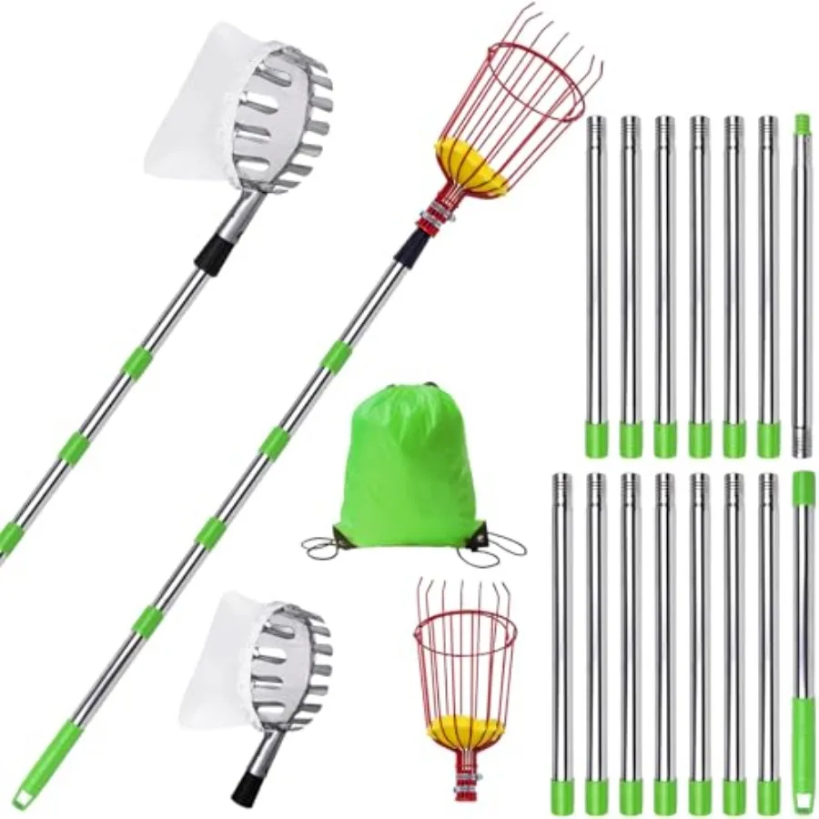 

20 Ft Fruit Picker with Wire Basket and Bag Basket, Adjustable Stainless Steel Fruit Picker Pole with Universal Thread Head, 35
