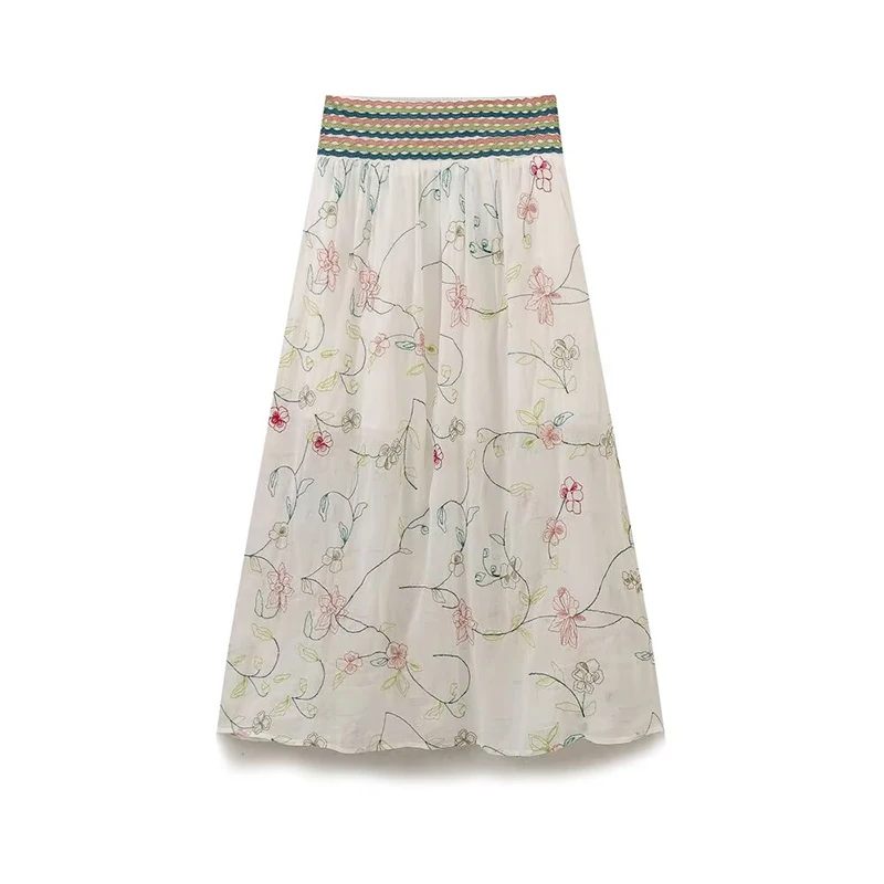 Vintage Elastic High Waist Floral Embroidery Midi Skirt Women Holiday Summer Boho Skirts