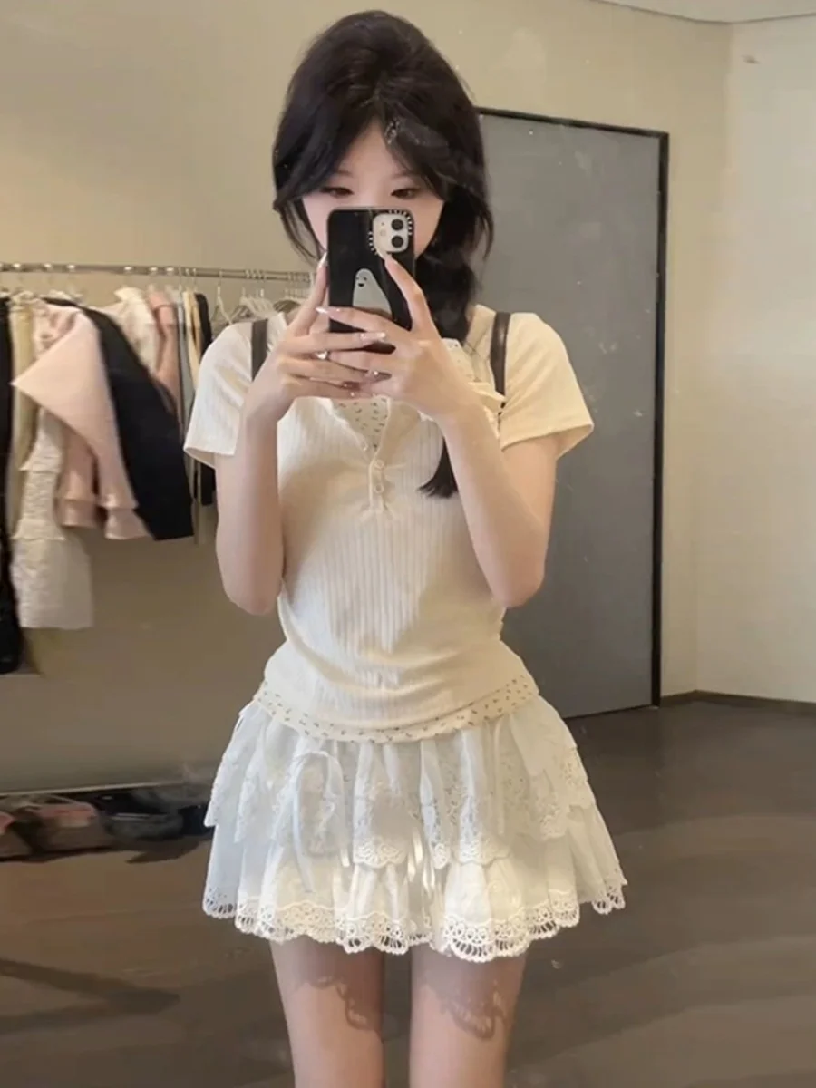 Ballet Sweet Girl ature Milk System Set Summer T-irt Top Cake ort Skirt Anti-aging Sweet Two-piece Set