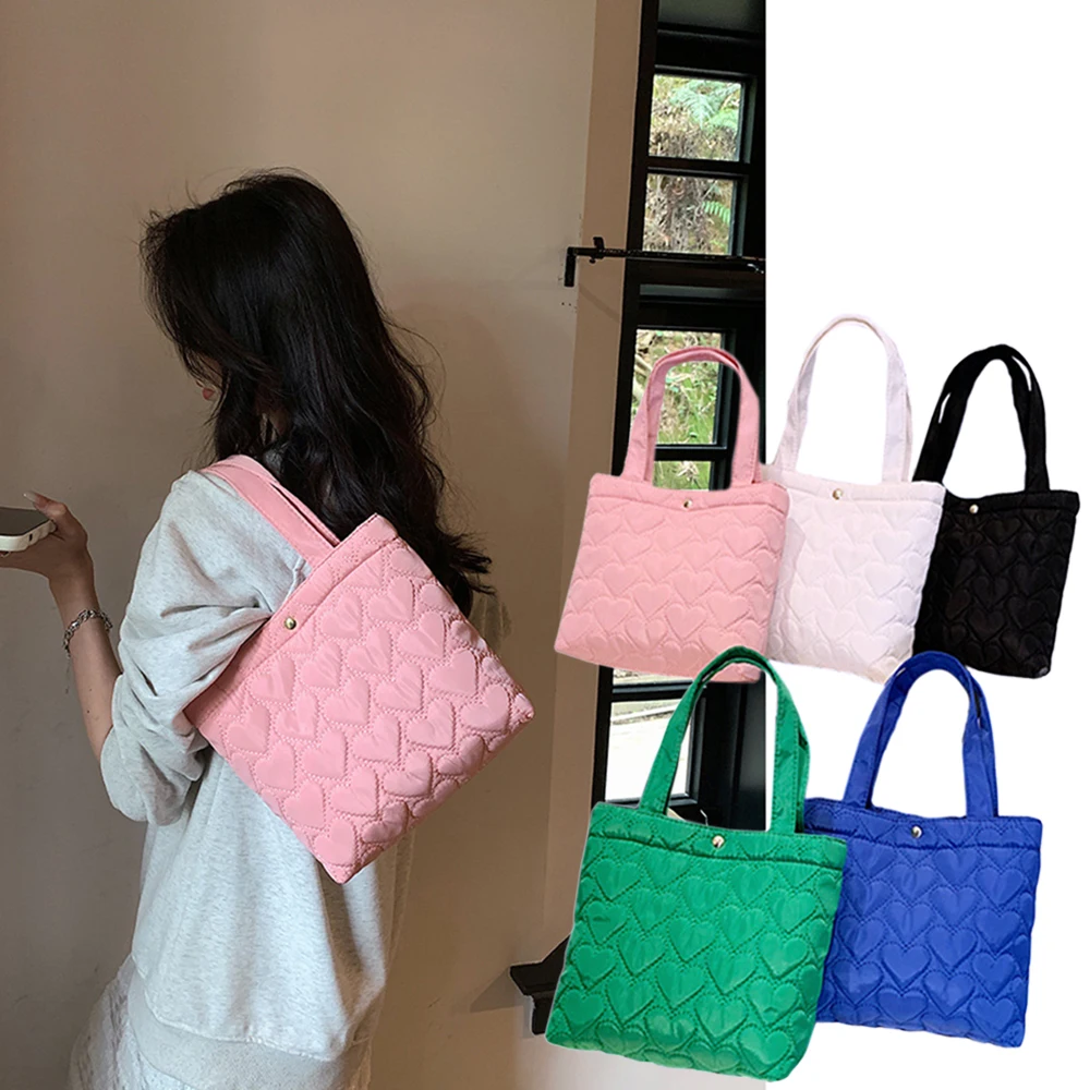 Fashion Heart Quilted Tote Bag Solid Color Large Capacity Handbag Ladies Shoulder Bag Travel Storage Bag Satchel Shopping Bag