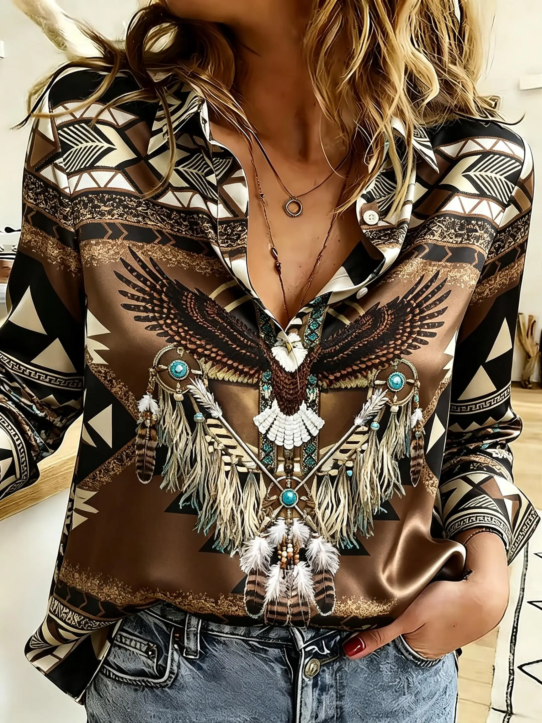 Women Long Sleeve Button‑Up Shirt Tribal Geometric Eagle Print Turn‑Down Collar Satin Blouse Tops
