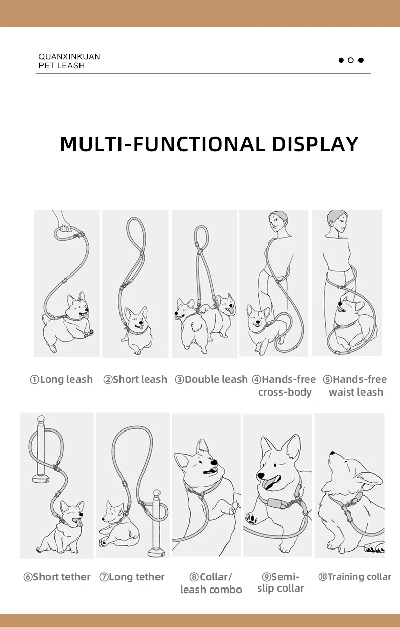 Haustier-Hundeleinen, verstellbar, freie Hände, Seil, für den Außenbereich, reflektierendes Nylon, zum Gehen, für Hunde, Laufen, Reisen, für kleine und mittelgroße Hunde – Detail 6