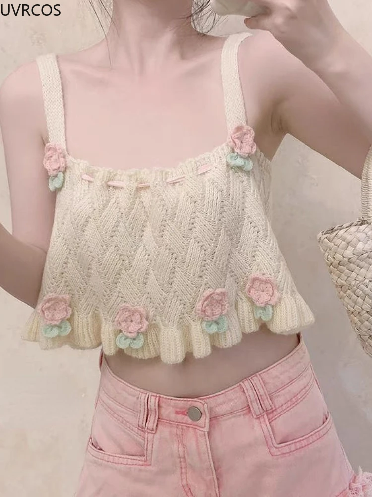 Japanese Kawaii Chic Tank Top Clothes Women Sweet Flower Embroidery Cute Knitted Tank Lady Preppy Style Sweater Vest Summer 2023