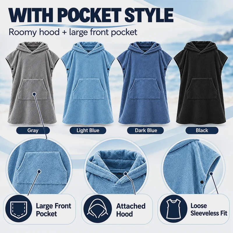 Adult Unisex Hooded Surf Poncho Towel, Sleeveless Changing Robe for Beach Swimming Pool, Absorbent Terry Cloth Cover Up One Size
