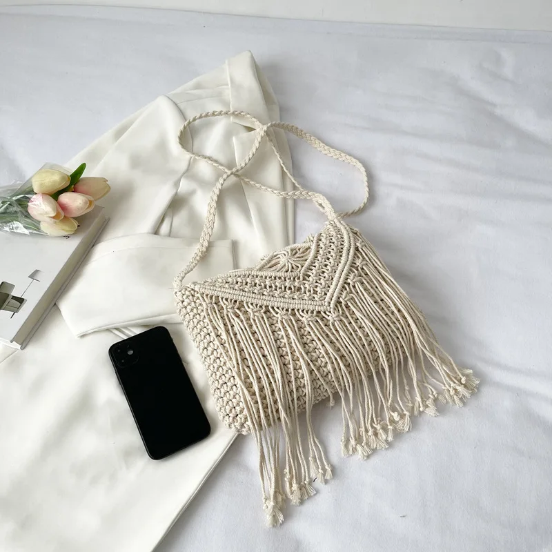 Fashion Cotton Woven Hollow Shoulder Crossbdoy Bags Female Summer Beach Bag Travel Small Tassel Handbag For Women Messenger Bags