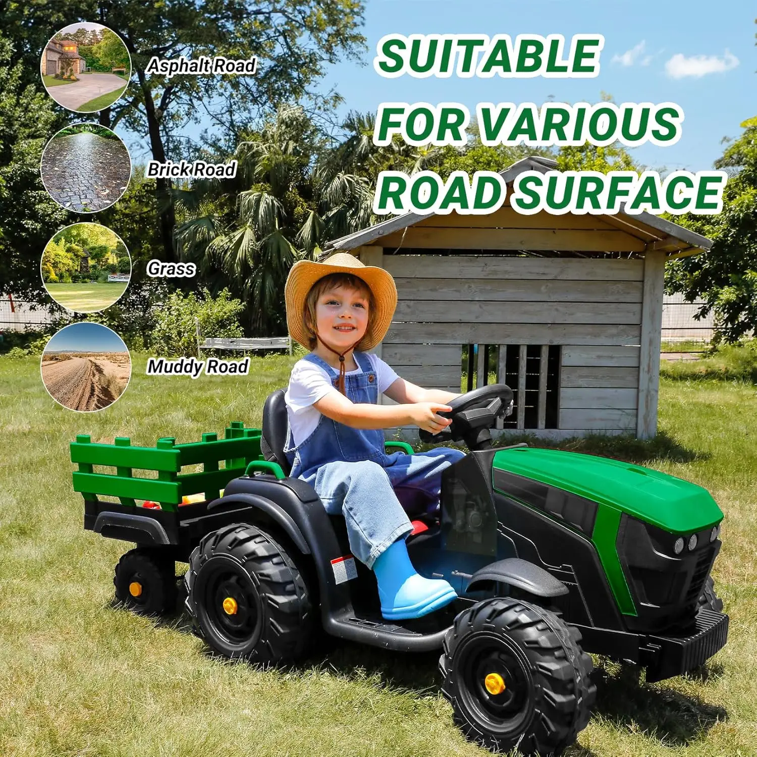 Tractor de paseo de 24V y 9AH con remolque fácil desmontable, juguete de Tractor eléctrico de motores de 400W para niños grandes, capacidad todo terreno, Saf