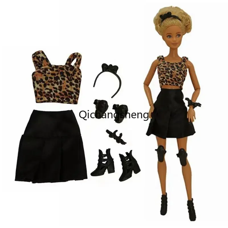 Fashion Leopard 1/6 Doll Clothes For Barbie Outfits Set For Barbie Clothing Top Black Skirt Shoes Hair Hoop Accessories 11.5