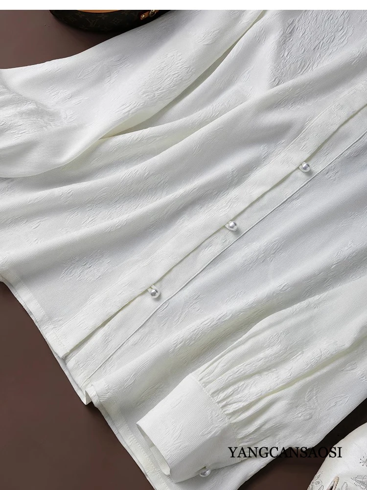 20MM Breathable Full 93% Natural Mulberry Silk Elastic GuanLe Satin Chinese Style Standing Collar Long Sleeved White Loose Shirt