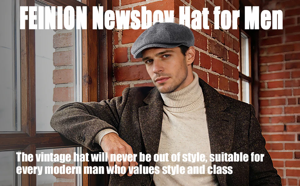FEINION Herren Wollmischung Newsboy Cap 8-Panel Ivy Tweed Cabbie Flat Hat mit Druckknopfverschluss vorne, Irish Cabbie Cap – Detail 1