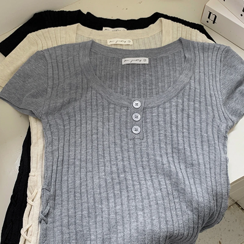Summer Elastic Short Sleeve Knitted Tops T-Shirts Temperament Cropped Top Women Korean Fashion Skinny Slim-Fit Tees Shirts Girls