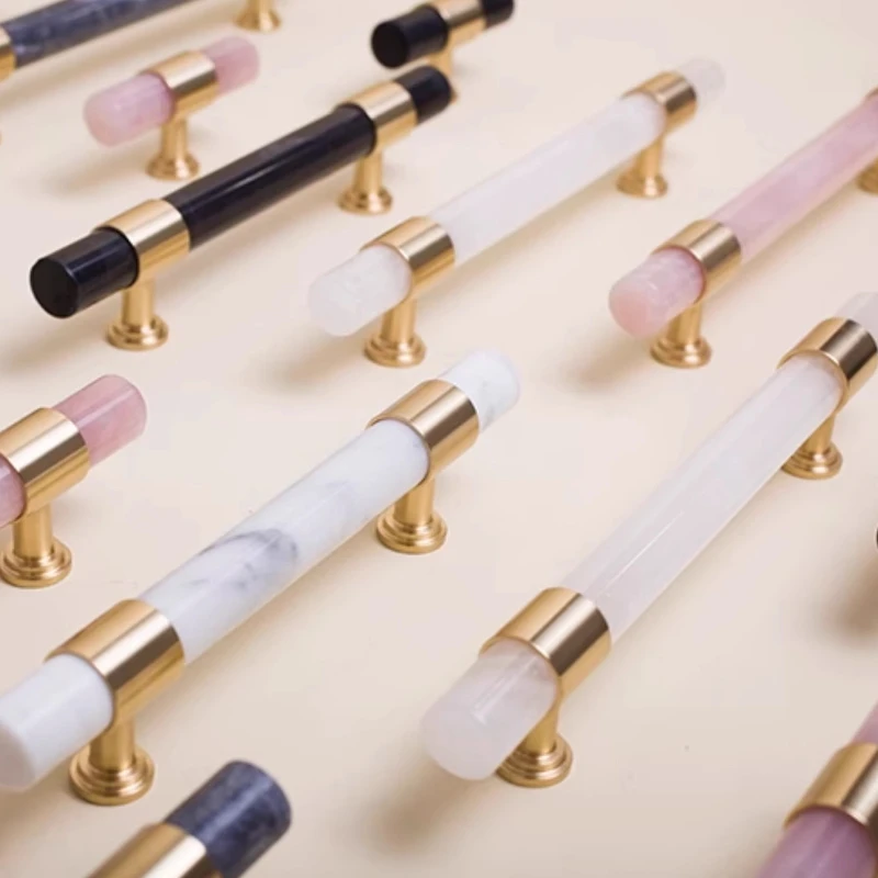 Natural Marble/Pink Crystal + Brass T Bar Cabinet Handle and Knobs Dresser Hardware Furniture Handle Kitchen Cupboard Door Pulls