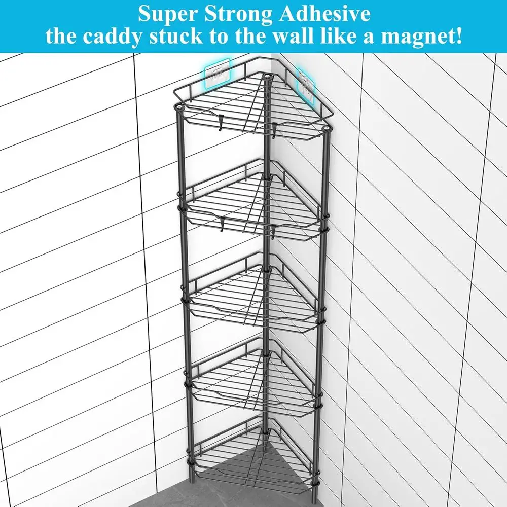 Corner 5-Tier Shower Caddy Organizer with Hooks, Black Bathroom Shelf Stand Rack