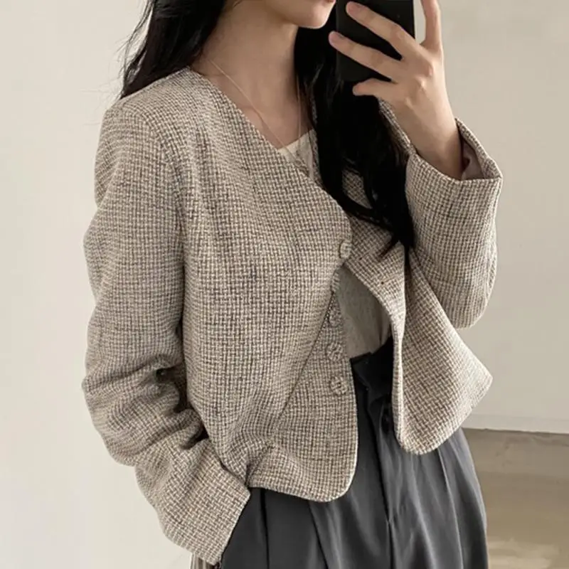 Korean chic spring summer vintage V neck single breasted loose long sleeve short tweed coat for women, coats