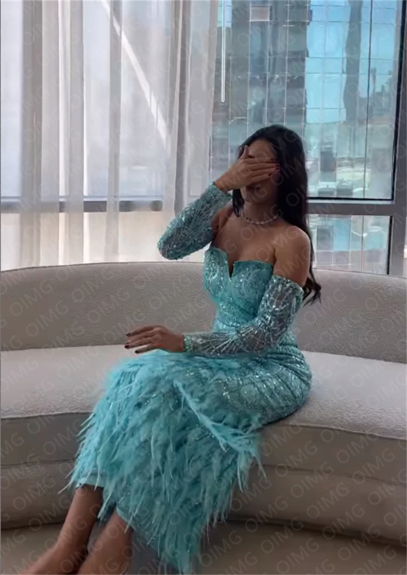 OIMG Blue Shiny Sequins Long Sleeves Formal Party Dresses Feather Spakrly Dubai Evening Gowns Night Club Dress Robe de soiree