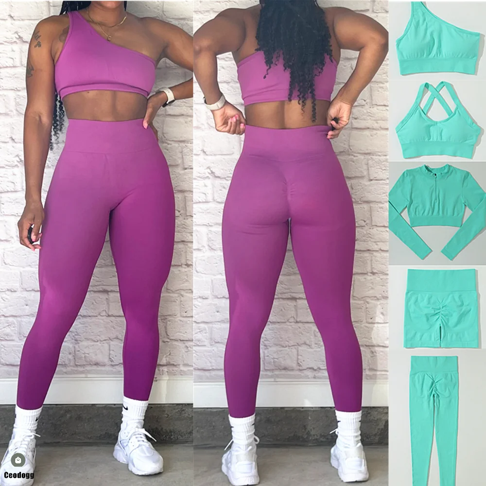 QK 1Pcs Seamless Passion One Shoulder Bra Yoga Sets Women Crop Top Sport Workout High Waist Scrunch Leggings Fitness Gym Suits