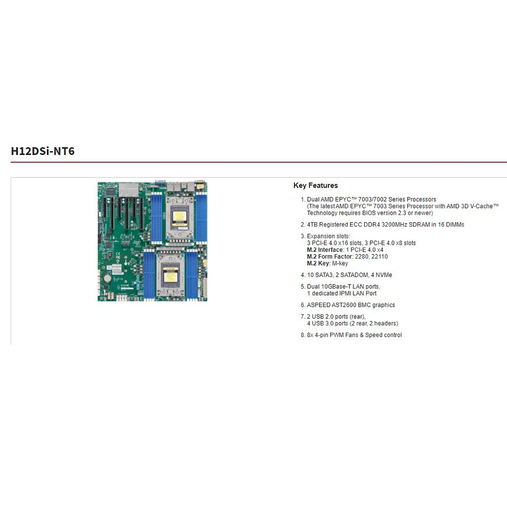 H12DSi-NT6 For Supermicro Server Motherboard Dual EPYC 7003/7002 Series Processors