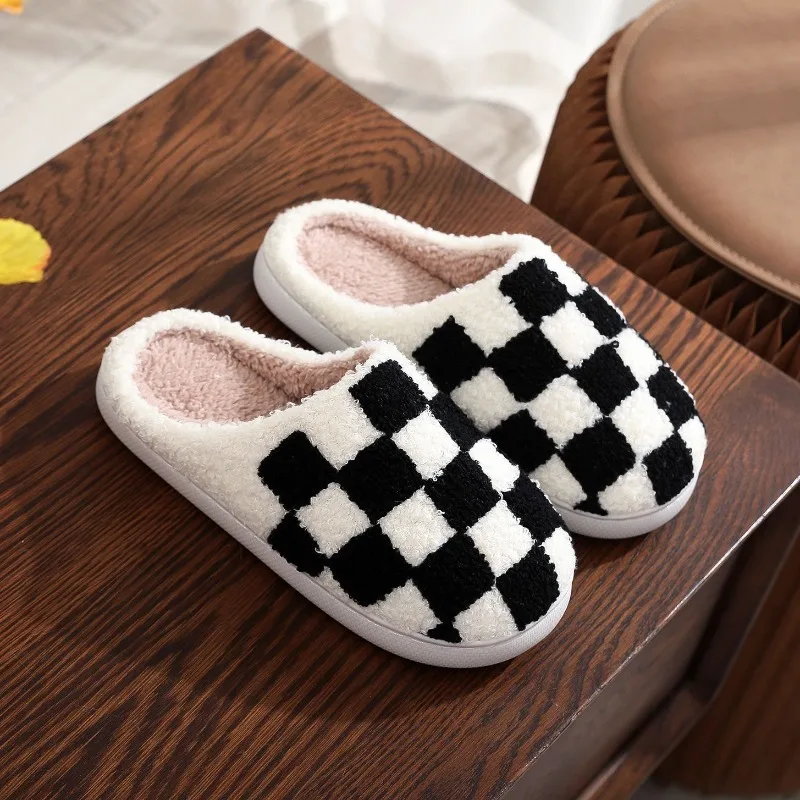 Women Men Slippers Fashion Checker Embroidery Houseshoes Cozy Fluffy House Retro Checkered Print Winter Home Shoes