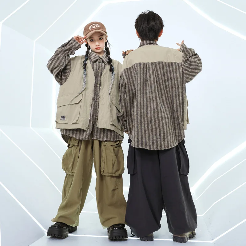 

Kid Cool Hip Hop Clothing Striped Shirt Vest Top Khaki Casual Multi Pockets Cargo Pants for Girl Boy Jazz Dance Costume Clothes