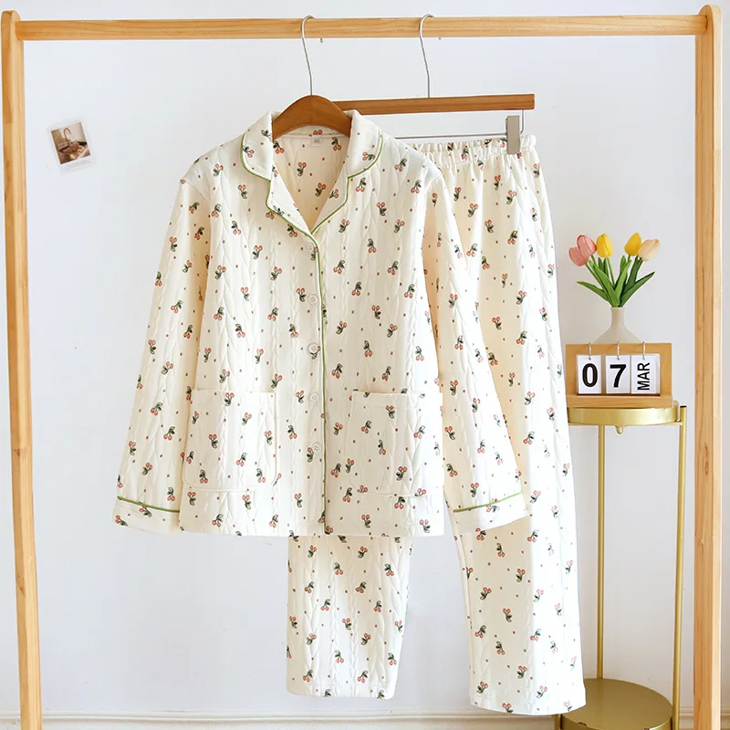 Winter Thick 100% Cotton Pajamas For Women Cherry Tulip Printed Sleepwear 2 Piece Set Female Warm Homewear Plus Size Loungewear
