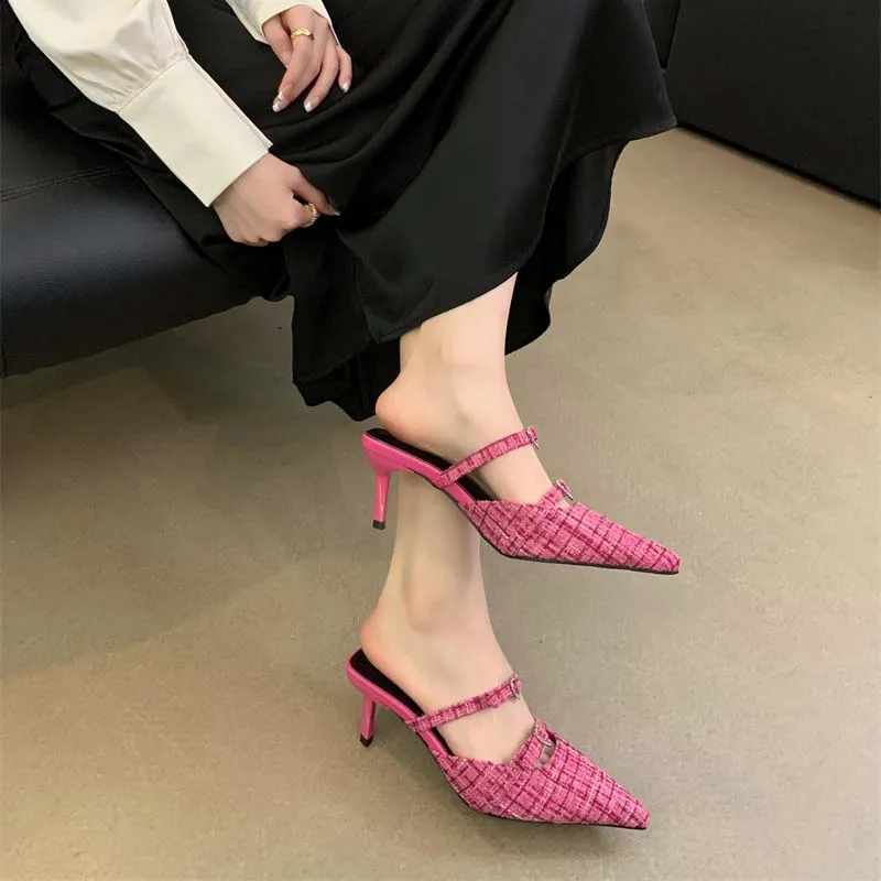 

Black High Heels Sexy Pointed Toe Slingback Slippers Ladies Office Shoes Belt Buckle Low Heel Women Pumps Summer Stiletto