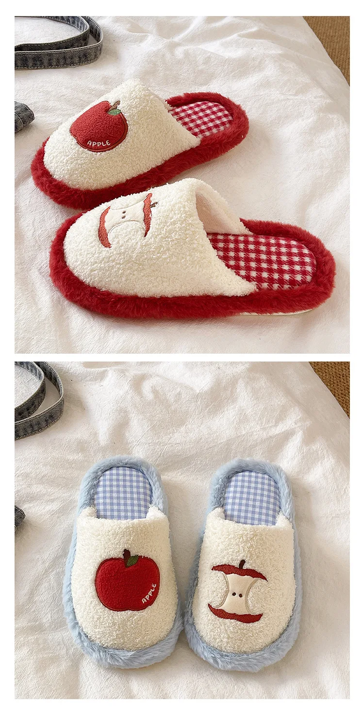 Modische Niedliche Apfel-Plüsch-Hausschuhe Rutschfeste Dicke Sohle Winter-Slides Damen Geräuscharme Freizeitschuhe für Zuhause ﻿ – Detail 3