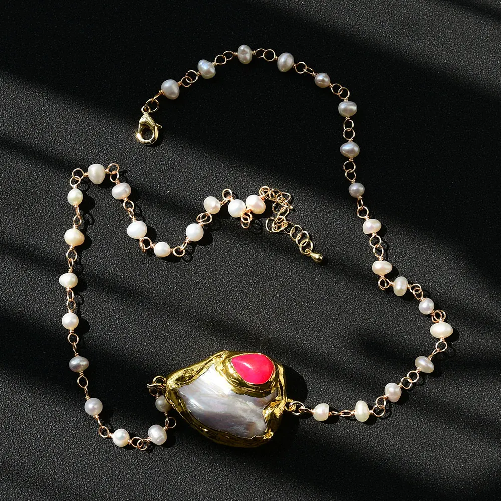 G-G Cultured White Potato Pearl Chain Chokers Necklace Baroque Pearl Red Jade Pendant